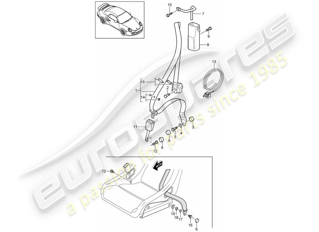 porsche 911 t/gt2rs (2011) diagrama de piezas del cinturón de seguridad