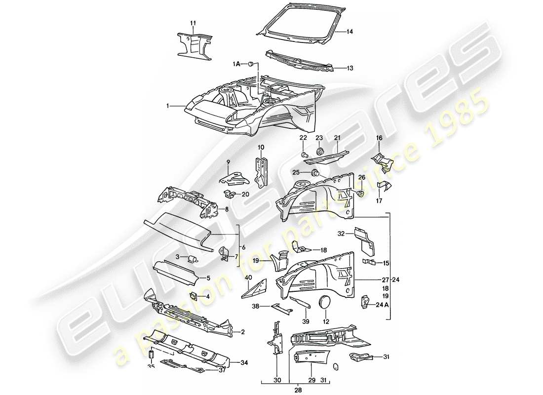 porsche 1986 (944) sección frontal del cuerpo diagrama de piezas