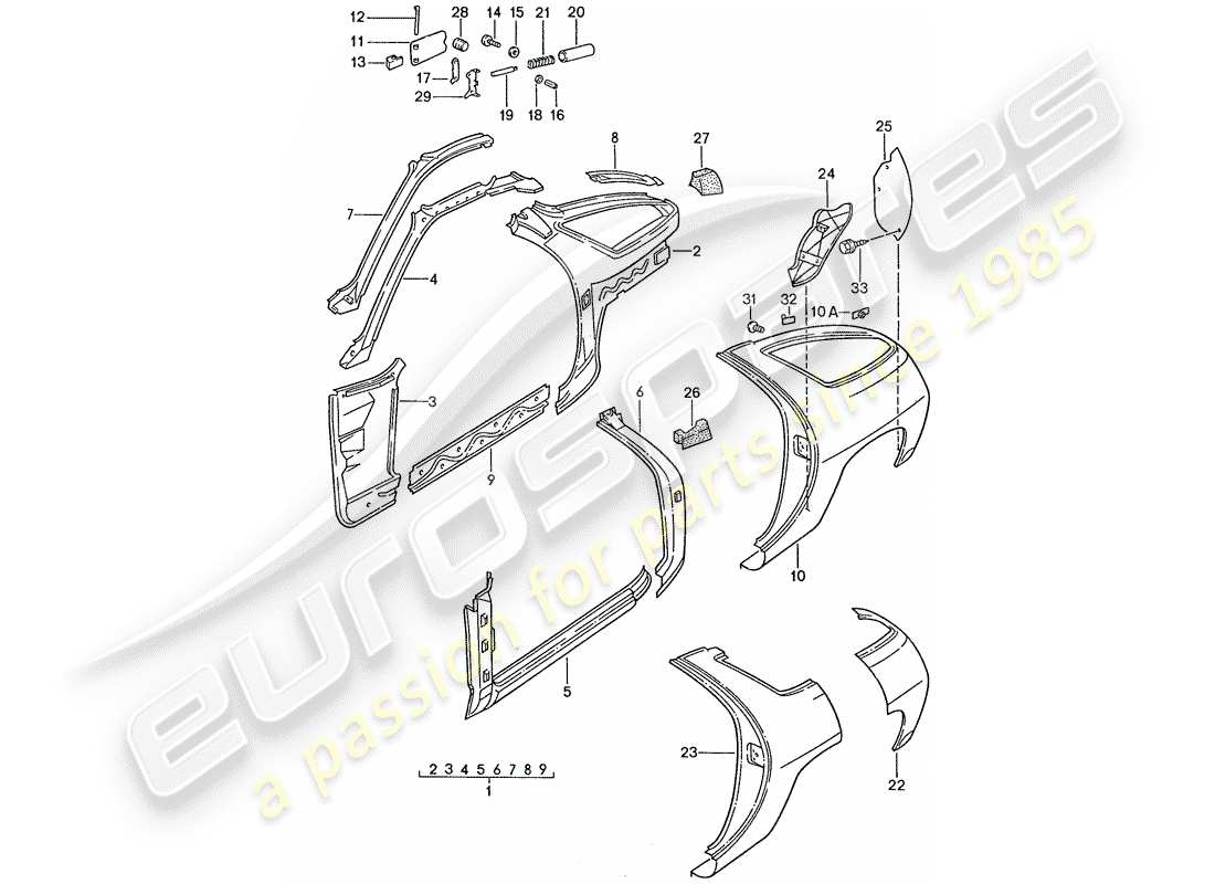 porsche 1990 (928) marco - panel lateral diagrama de piezas