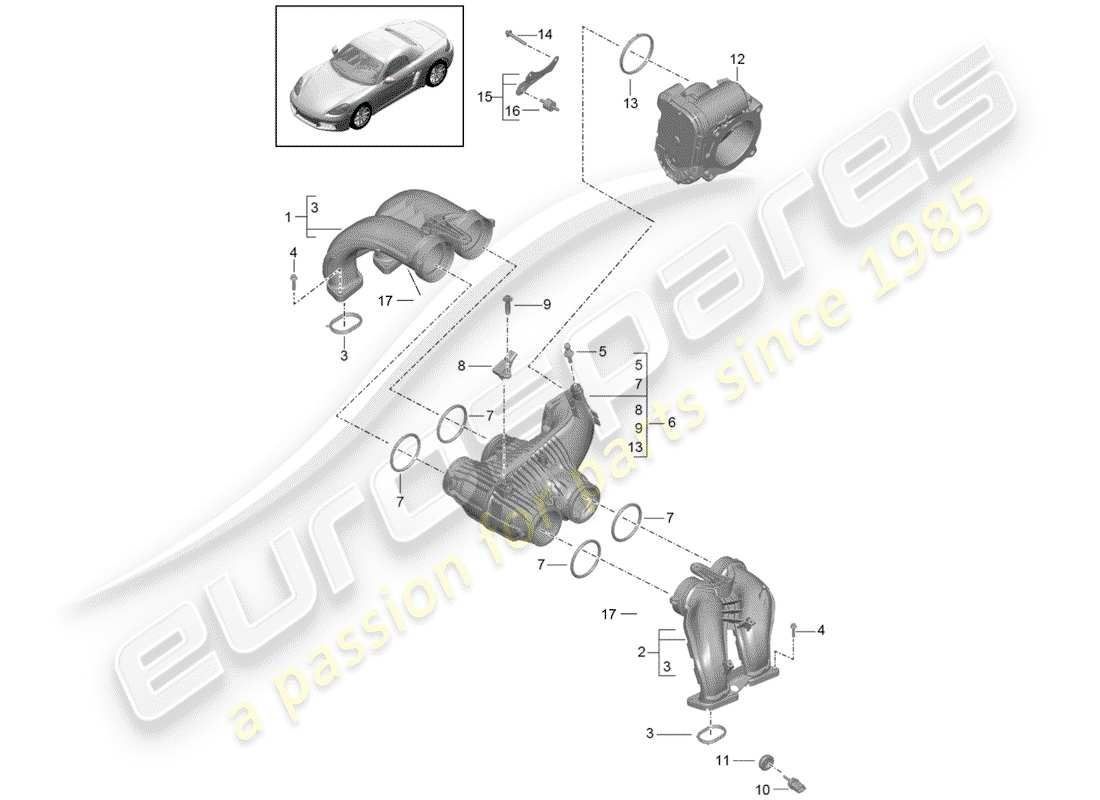 porsche 2017 (718 boxster) distribuidor de aire de admisión diagrama de piezas