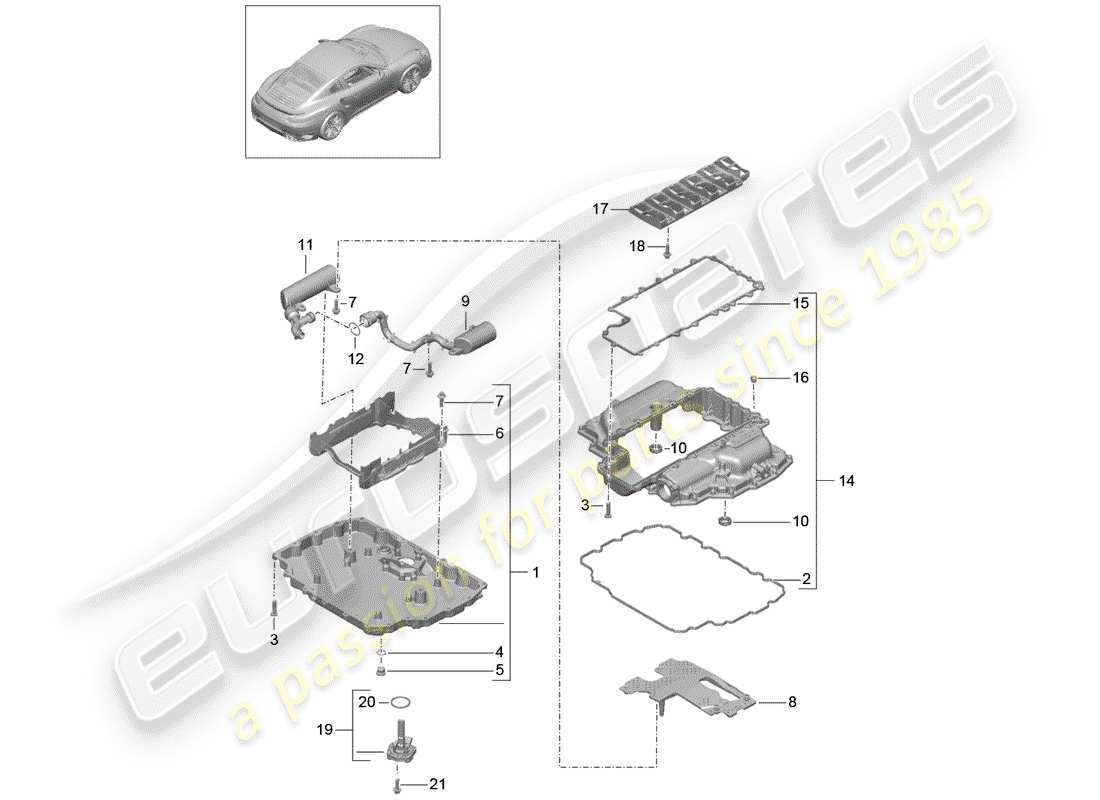 porsche 991 turbo (2019) diagrama de piezas del cárter de aceite