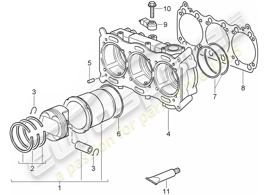 porsche 2010 (997-2 gt3) cilindro con pistones diagrama de piezas