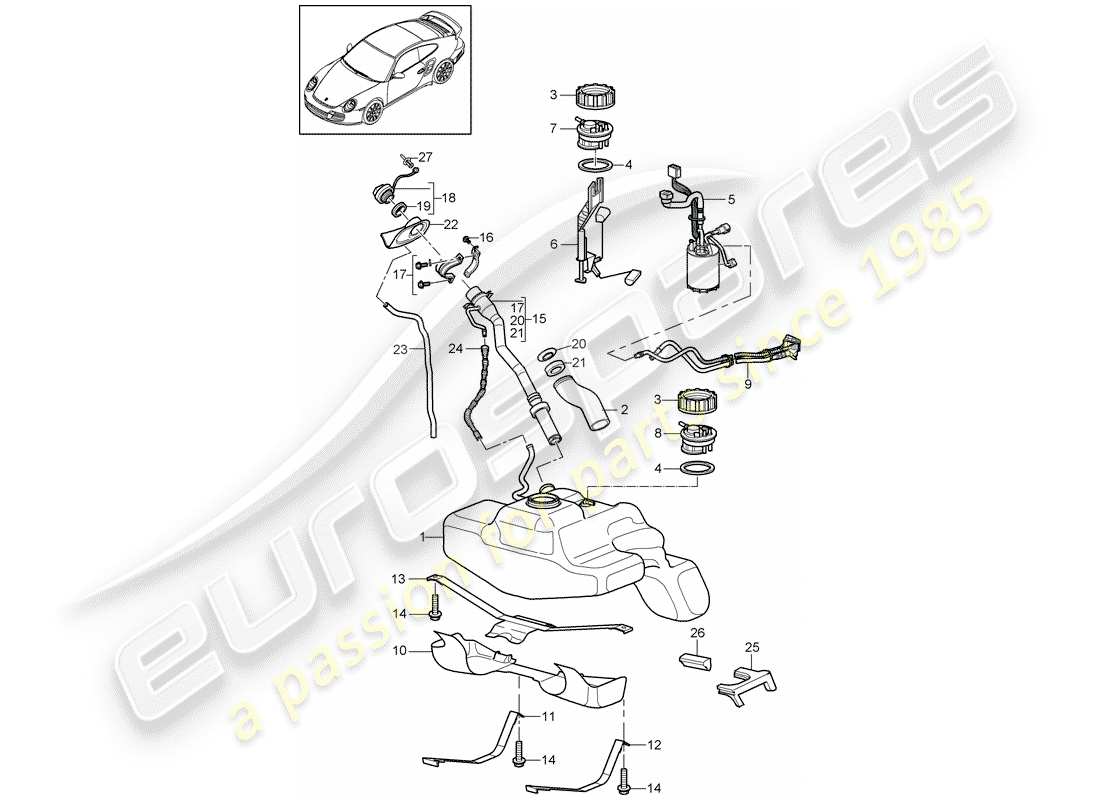 porsche 2011 (997-2 turbo / gt2 rs) depósito de combustible diagrama de piezas