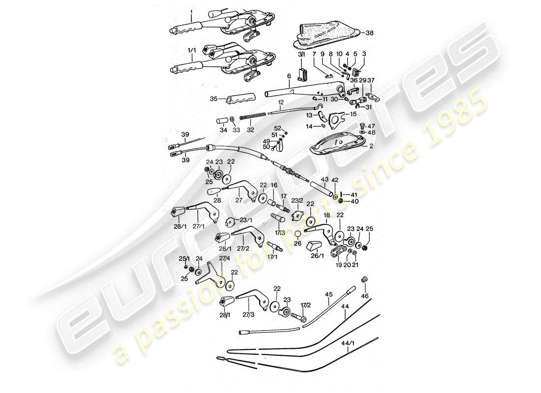 porsche 1975 (911 turbo) palanca de operación - freno de mano - acelerador manual diagrama de piezas