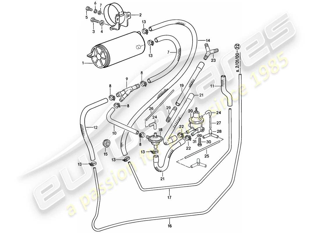 porsche 1983 (928) ventilación del tanque diagrama de piezas