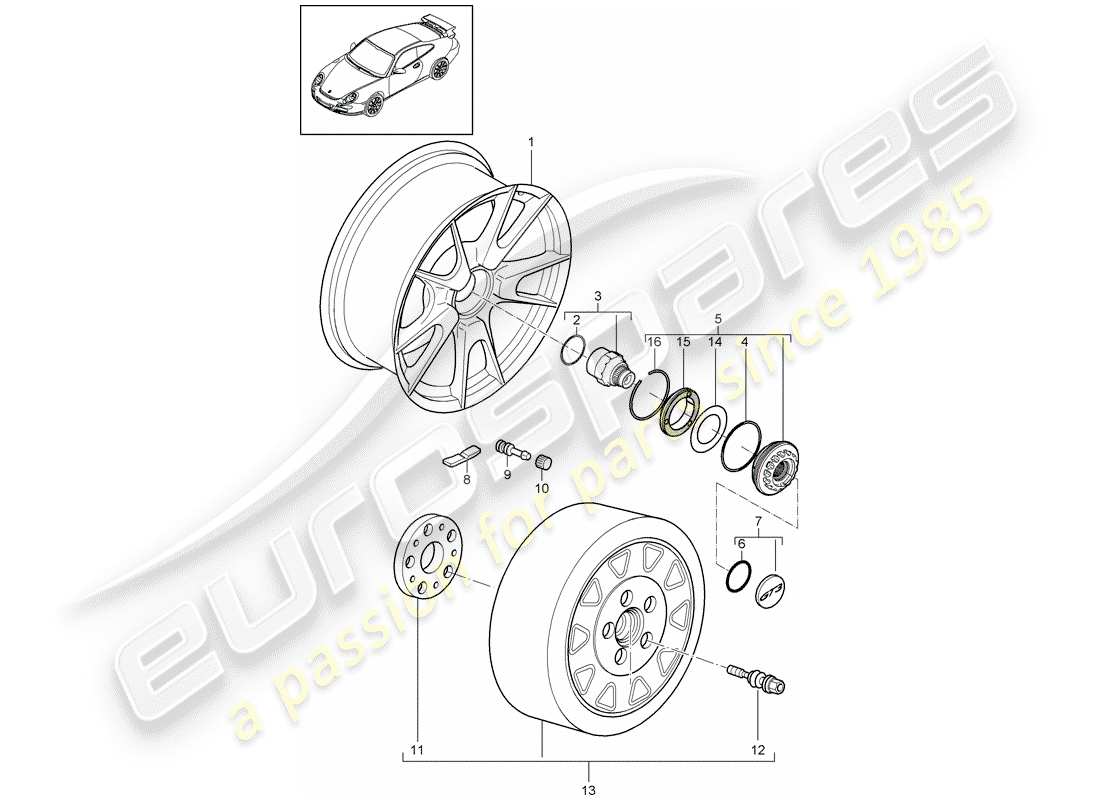 porsche 2011 (997-2 gt3) diagrama de piezas de bloqueo central