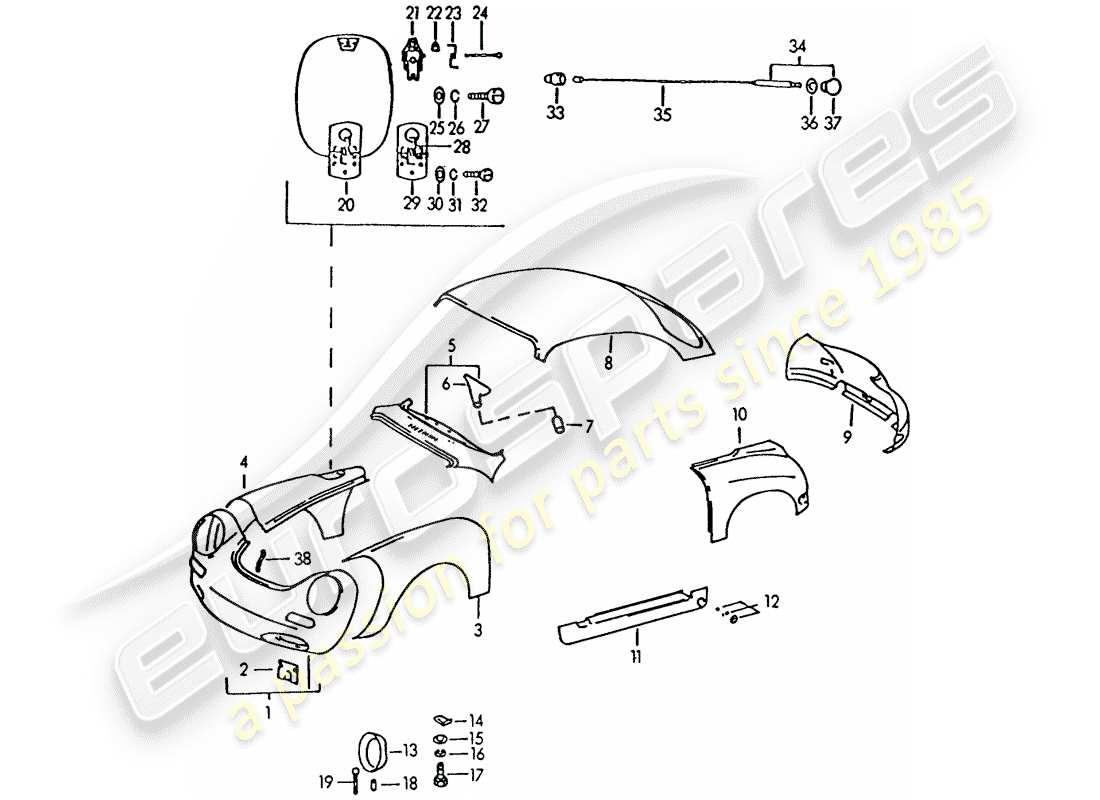 porsche 1962 (356b/356c) paneles exteriores diagrama de piezas