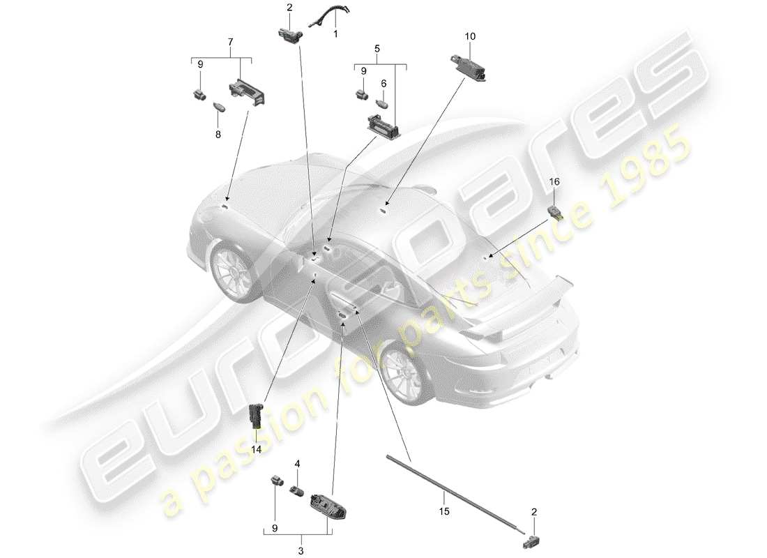porsche 2017 (991-2 r/gt3/rs) iluminación interior diagrama de piezas