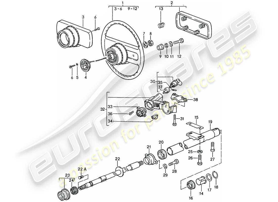 porsche 1986 (944) volantes - columna de dirección diagrama de piezas