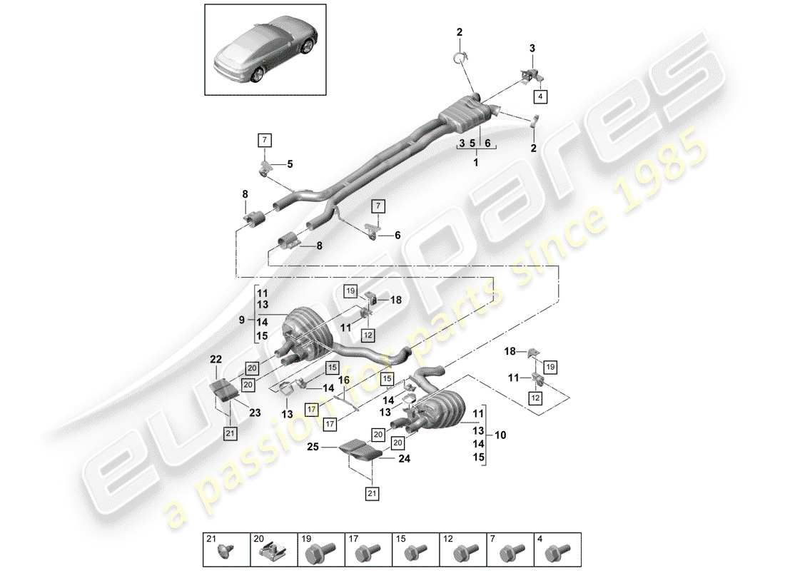 porsche 2019 (panamera 971-1) sistema de escape diagrama de piezas
