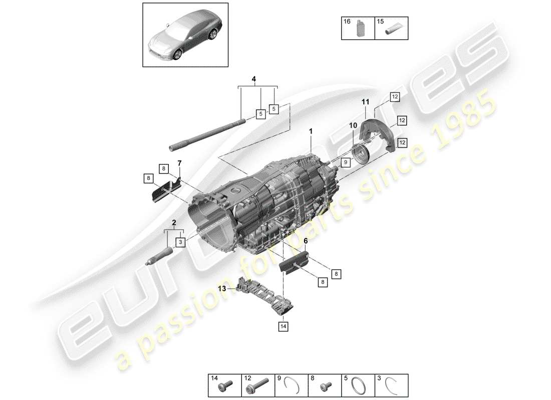 porsche 2019 (panamera 971-1) 8-speed caja de cambios de doble embrague diagrama de piezas