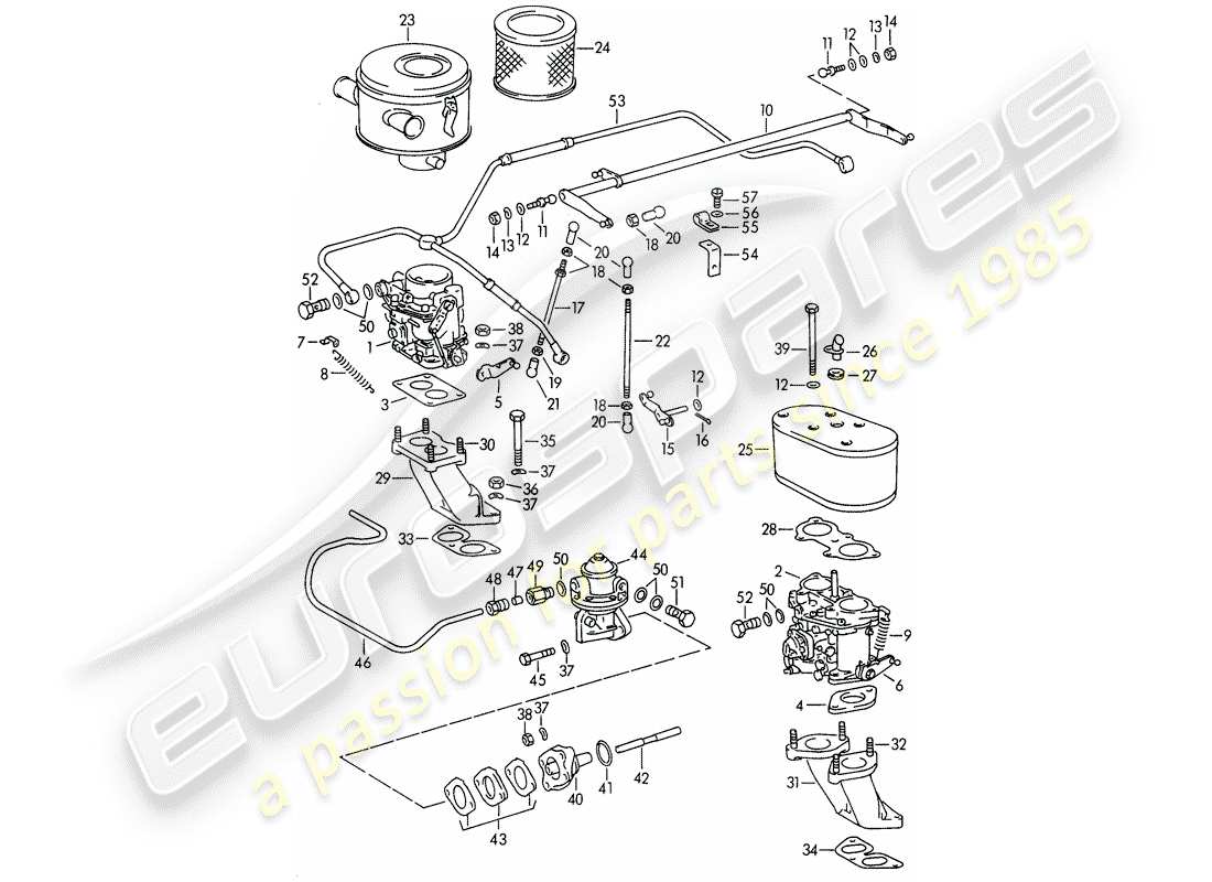 porsche 1964 (356b/356c) carburador - y - línea de suministro de combustible diagrama de piezas