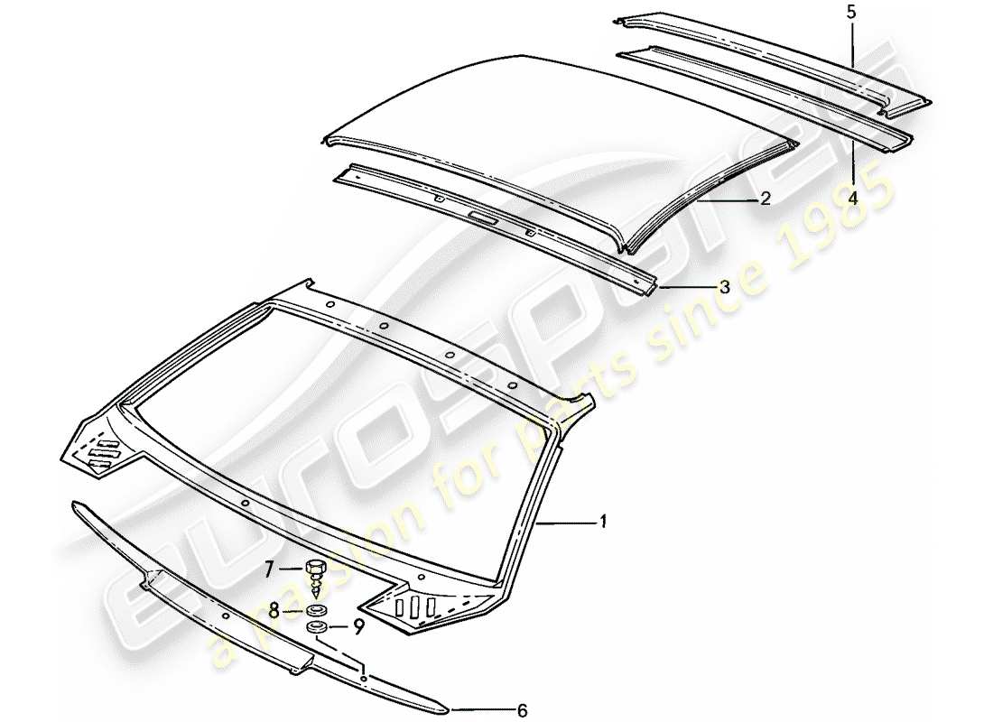 porsche 1983 (928) techo - diagrama de piezas del capo