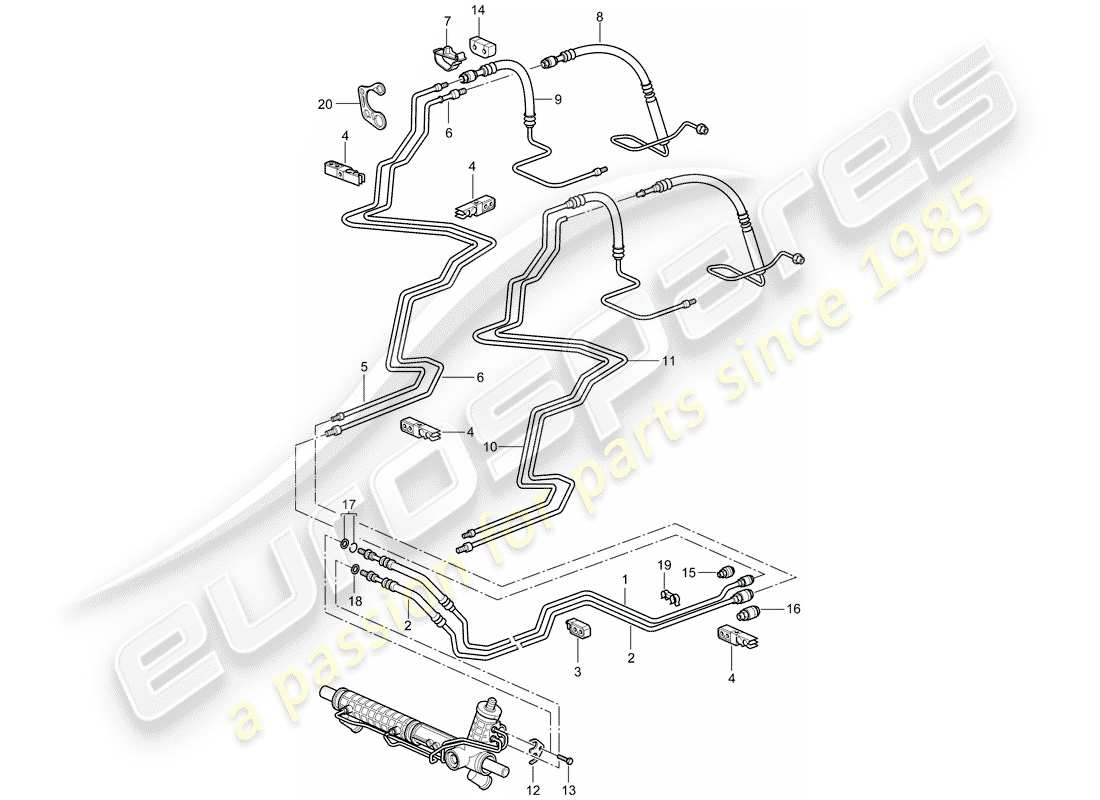 porsche 2002 (996 gt3) dirección asistida - líneas diagrama de piezas