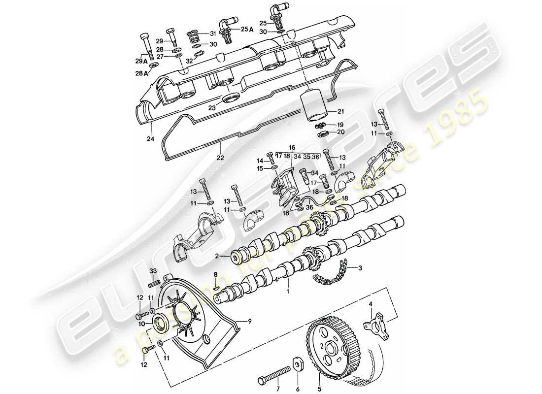 porsche 1983 (928) árbol de levas - mecanismo de impulsión - 4 - válvula - d - mj 1985>> diagrama de piezas