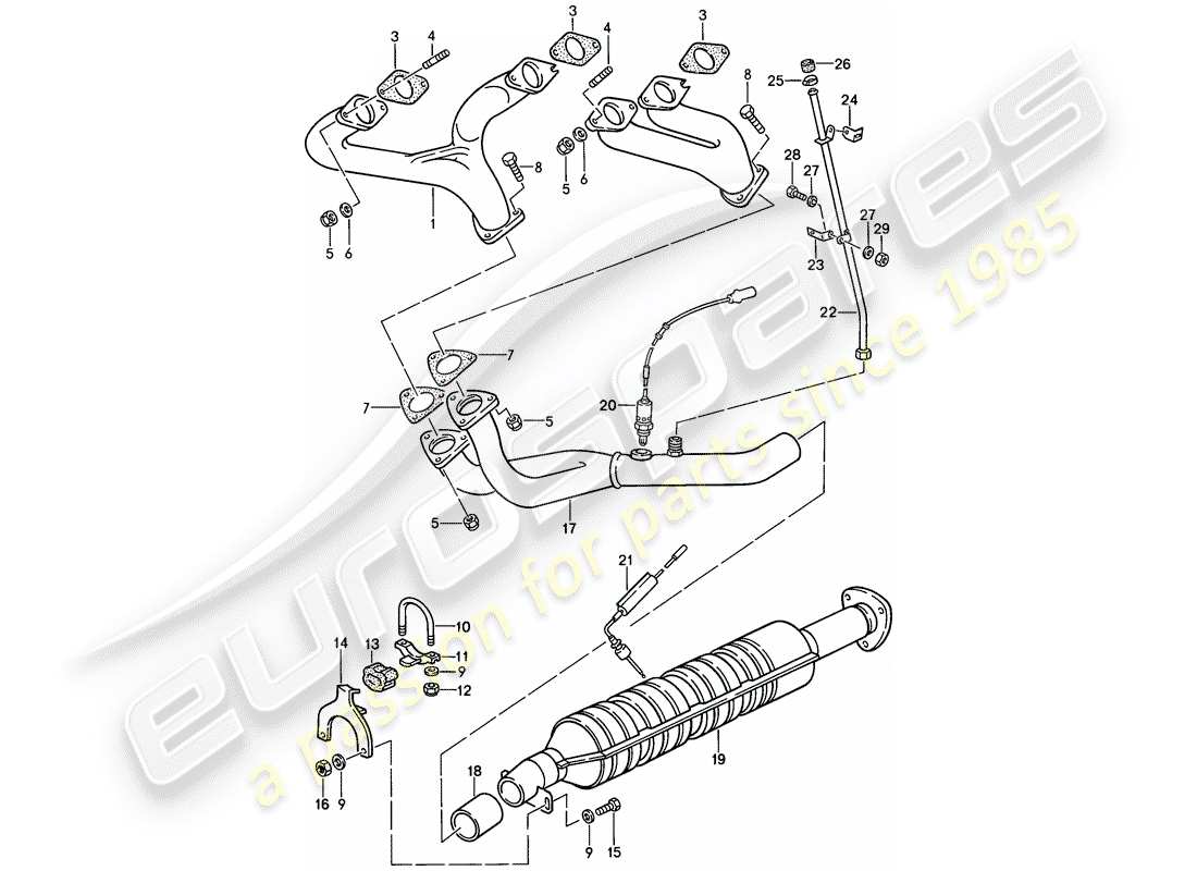 porsche 1986 (944) sistema de escape - catalizador diagrama de piezas