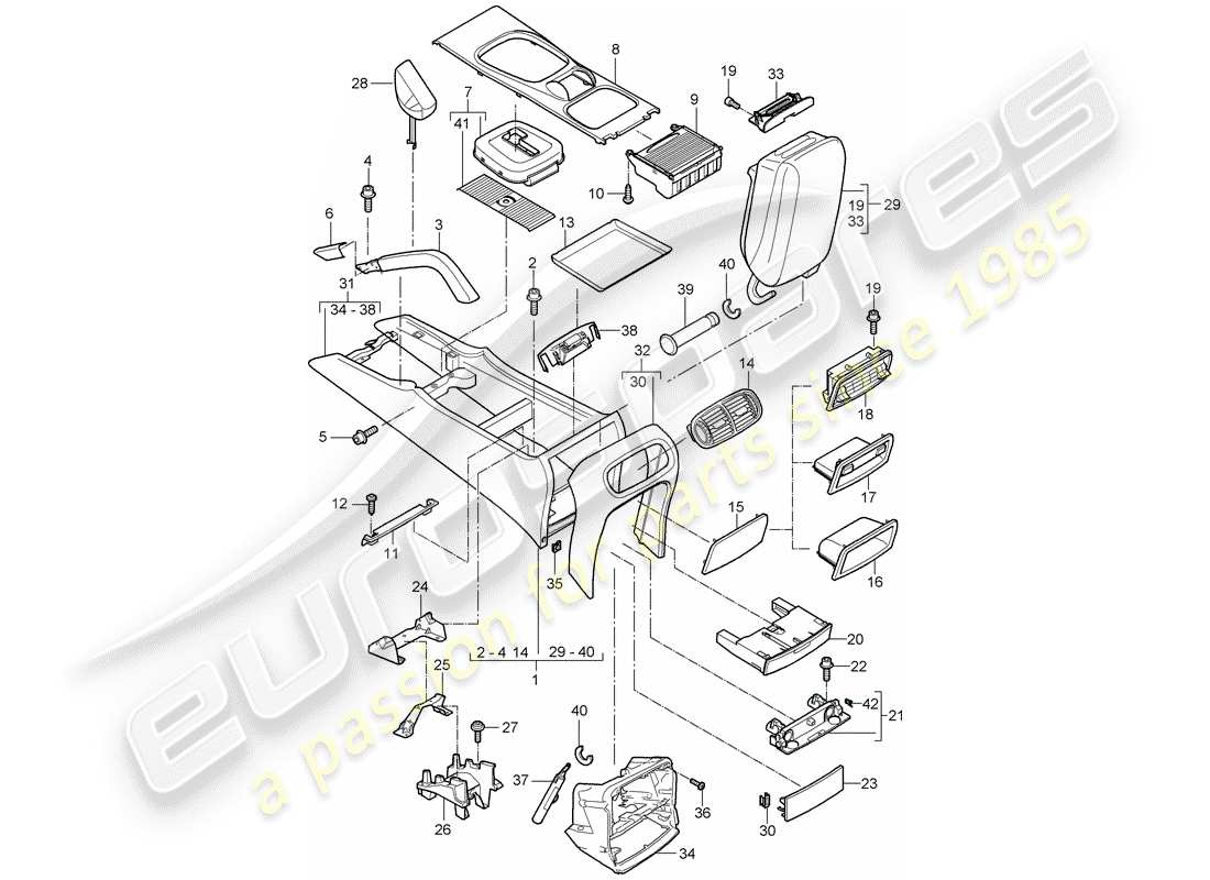 porsche 2008 (cayenne e1 9pa) diagrama de piezas de la consola central