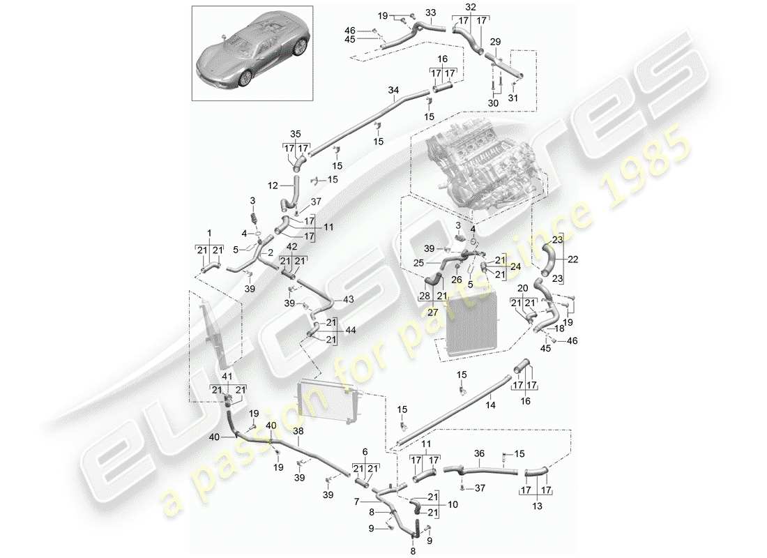 porsche 918 spyder (2015) diagrama de piezas de refrigeración por agua