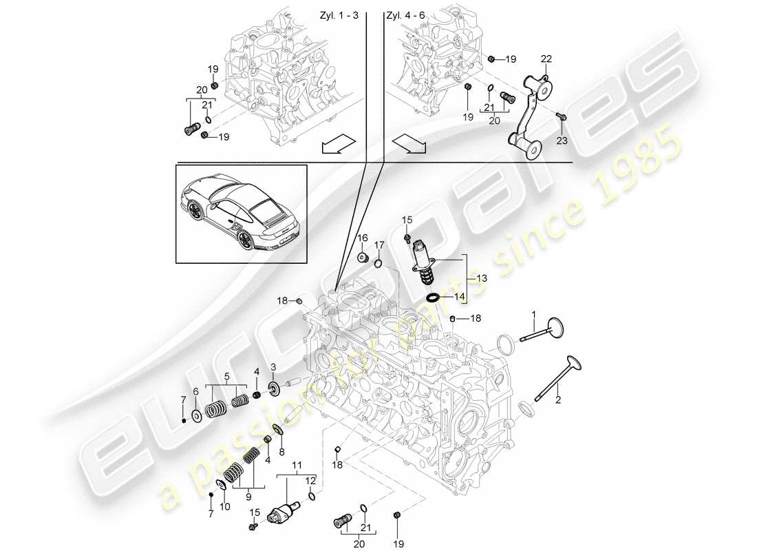 porsche 911 t/gt2rs (2011) diagrama de piezas de la culata del cilindro