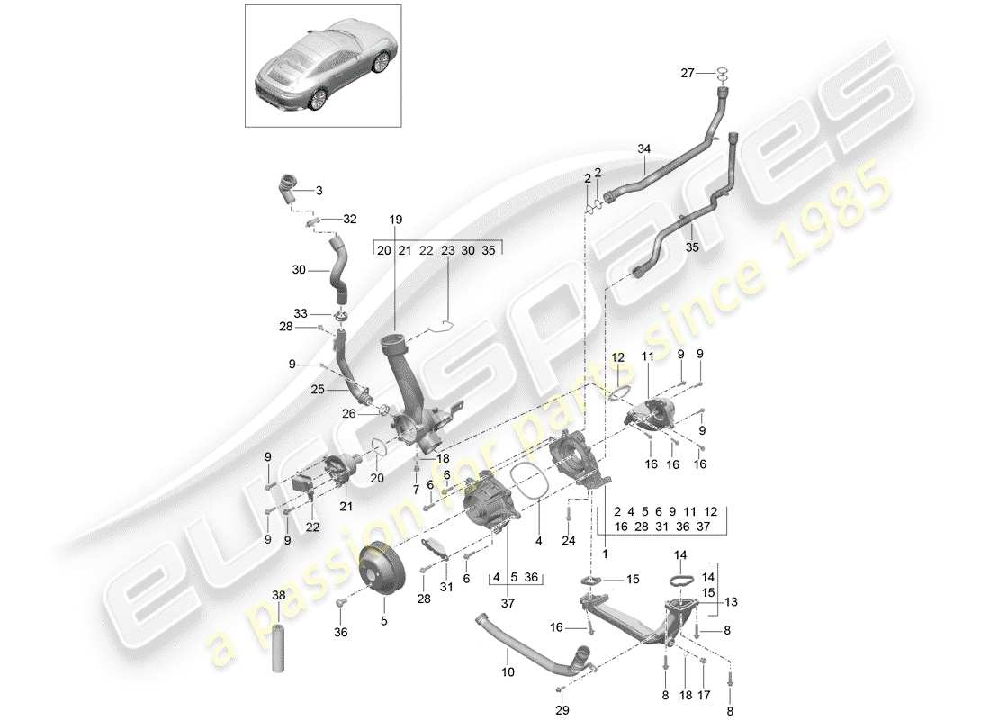 porsche 2020 (991-2) diagrama de piezas de la bomba de agua
