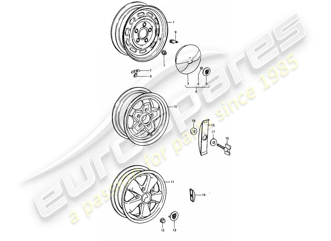 porsche 1975 (911 turbo) ruedas diagrama de piezas