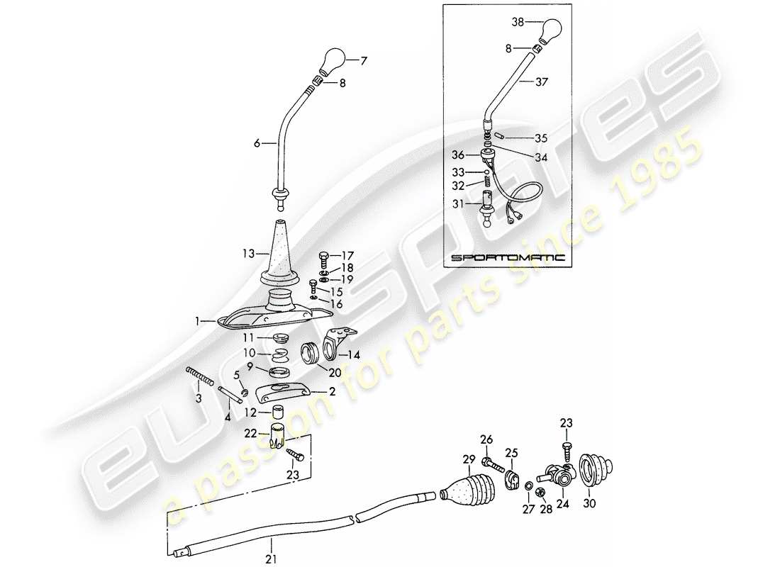 porsche 1966 (911/912) control de transmisión diagrama de piezas