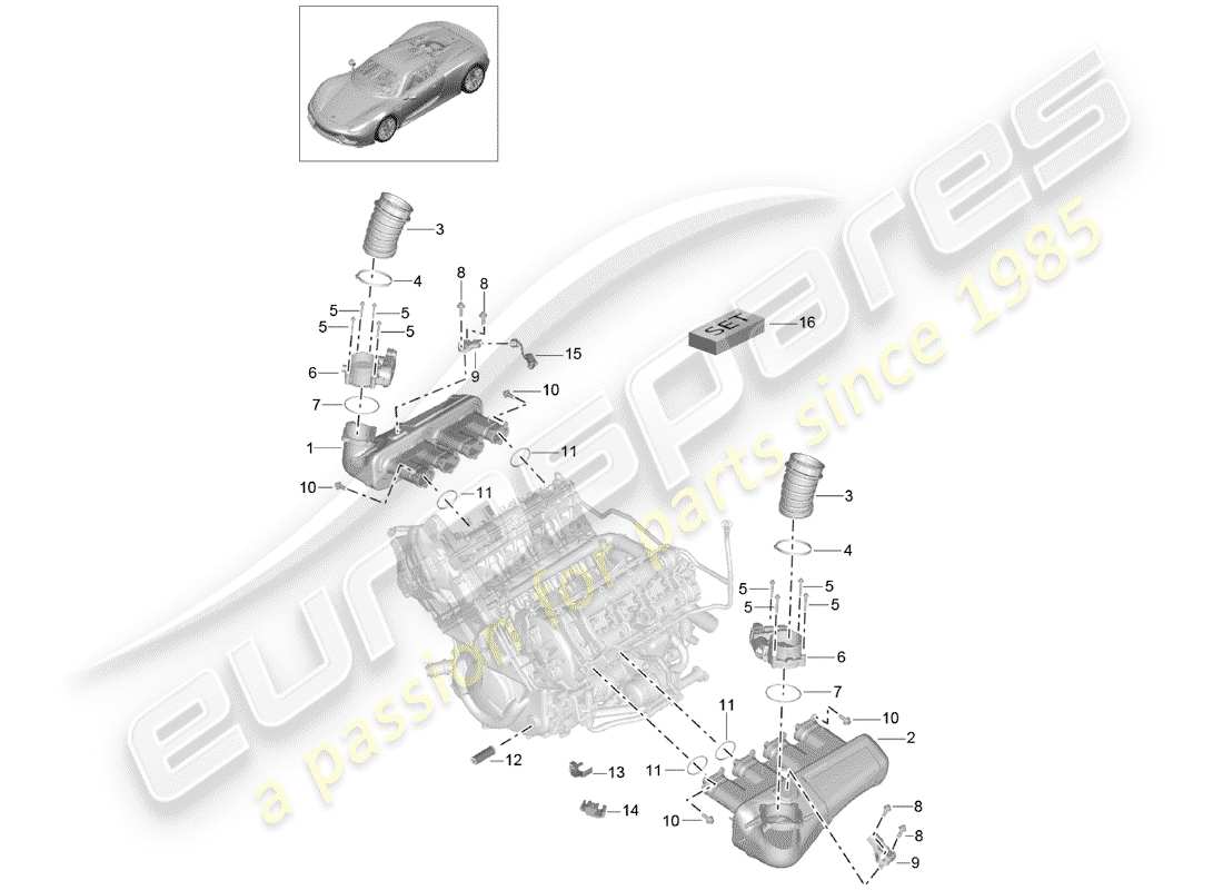 porsche 918 spyder (2015) diagrama de piezas del distribuidor de aire de admisión