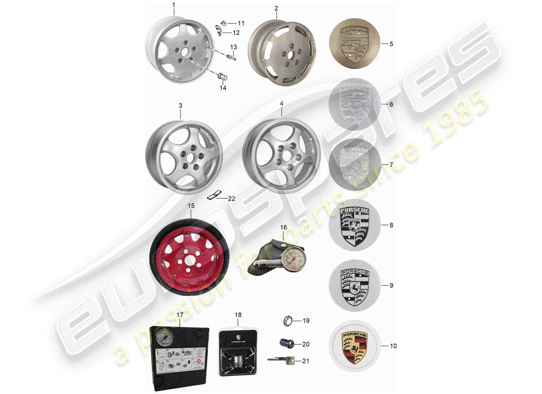 porsche 1990 (964) rueda de aleación diagrama de piezas
