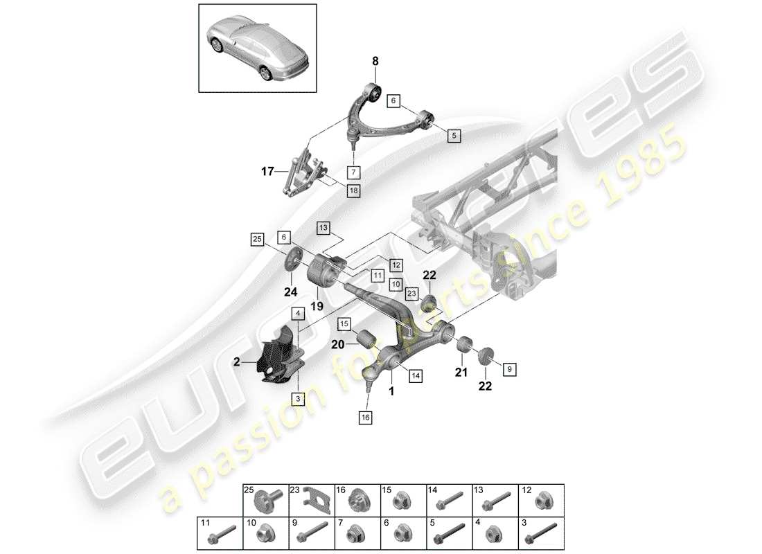 porsche 2019 (panamera 971-1) brazo de control de oruga diagrama de piezas