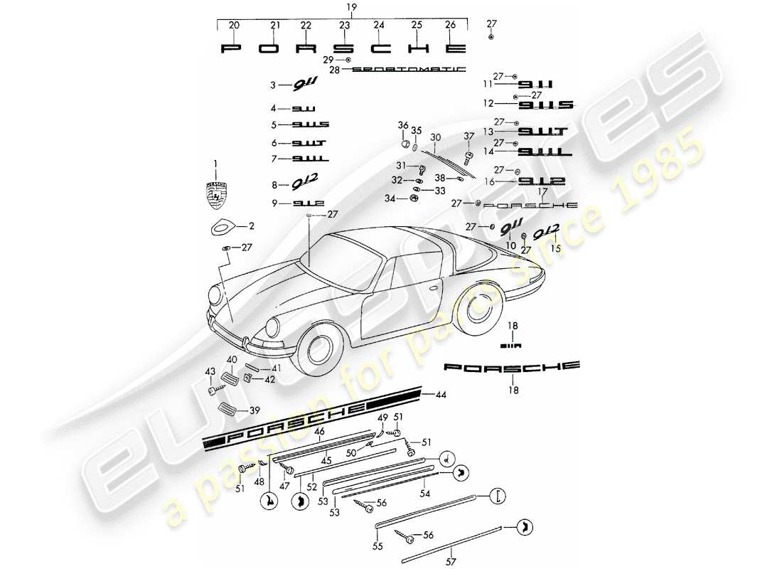 porsche 1966 (911/912) accesorios decorativos - d >> - mj 1968 diagrama de piezas