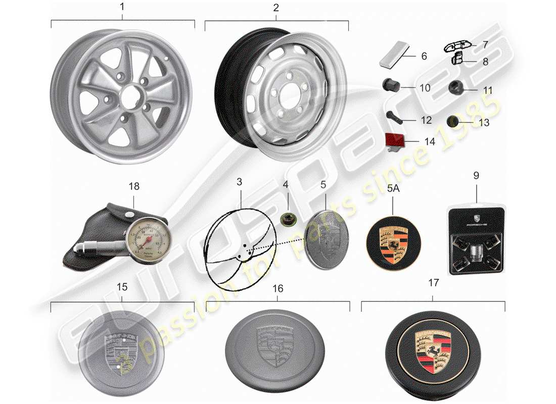 porsche 1968 (911/912) ruedas diagrama de piezas