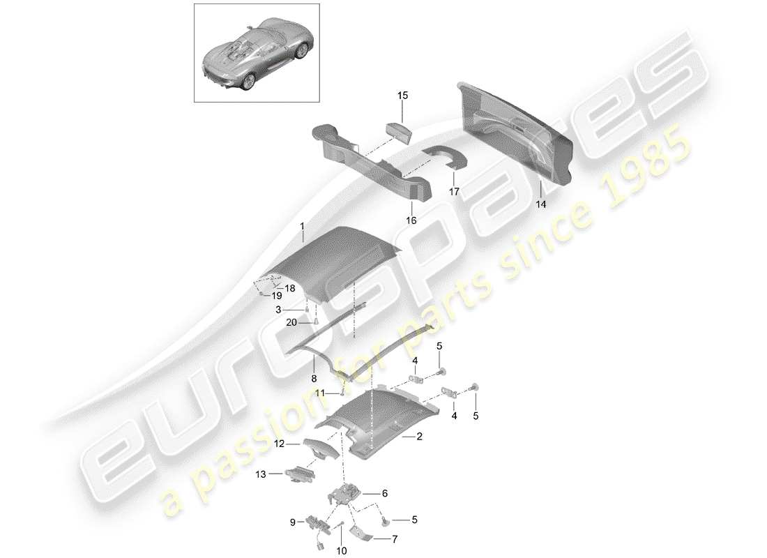porsche 918 spyder (2015) diagrama de piezas del techo