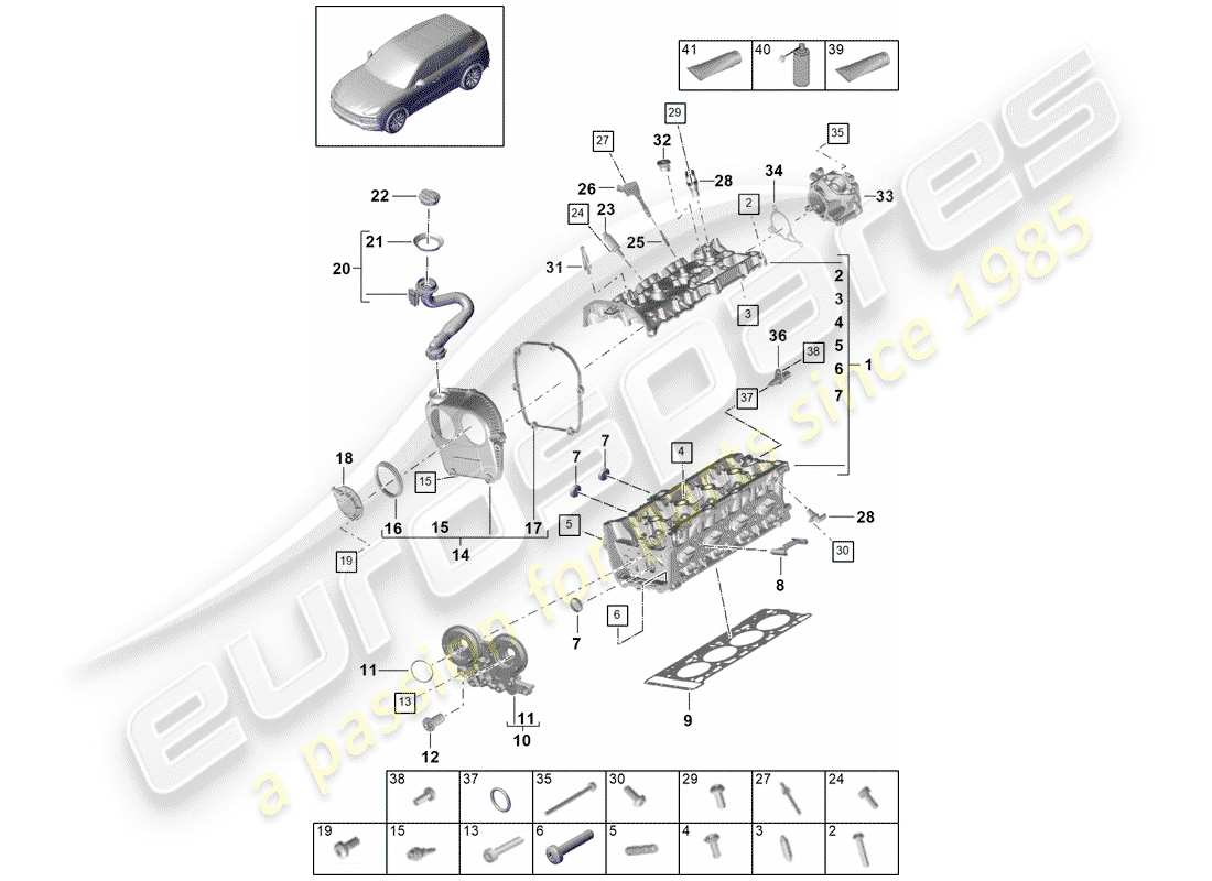 porsche 2020 (cayenne e3 9ya/9yb) diagrama de piezas de la culata del cilindro