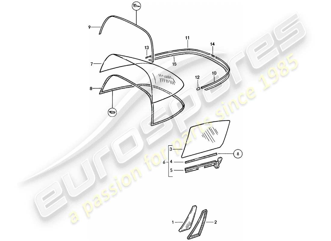 porsche 1979 (911) acristalamiento de ventanas diagrama de piezas