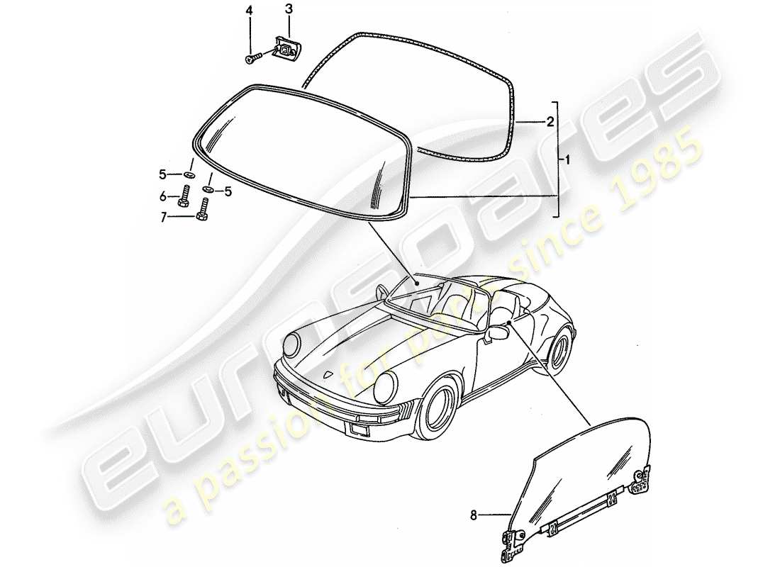 porsche 1989 (911) acristalamiento de ventanas diagrama de piezas
