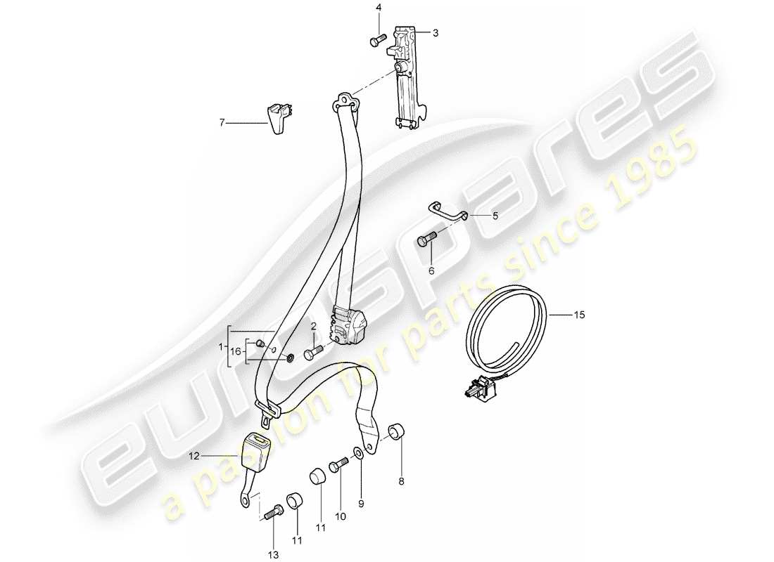 porsche 2002 (996 turbo / gt2) diagrama de piezas del cinturón de seguridad