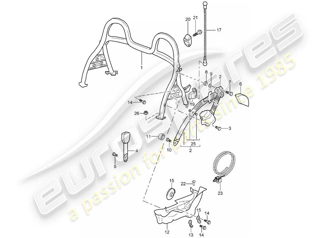porsche 2003 (986 boxster) diagrama de piezas de la barra antivuelco