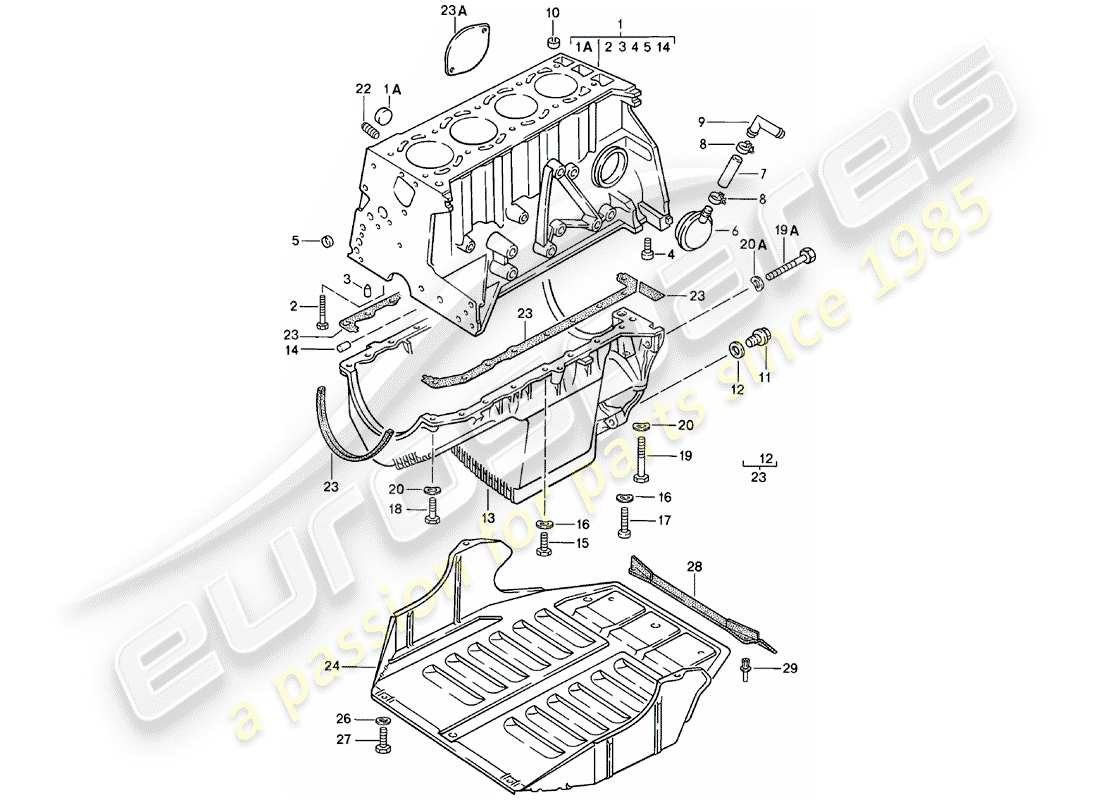 porsche 1984 (924) bloque de cilindros - con pistones - cárter de aceite - placa protectora para motor diagrama de piezas