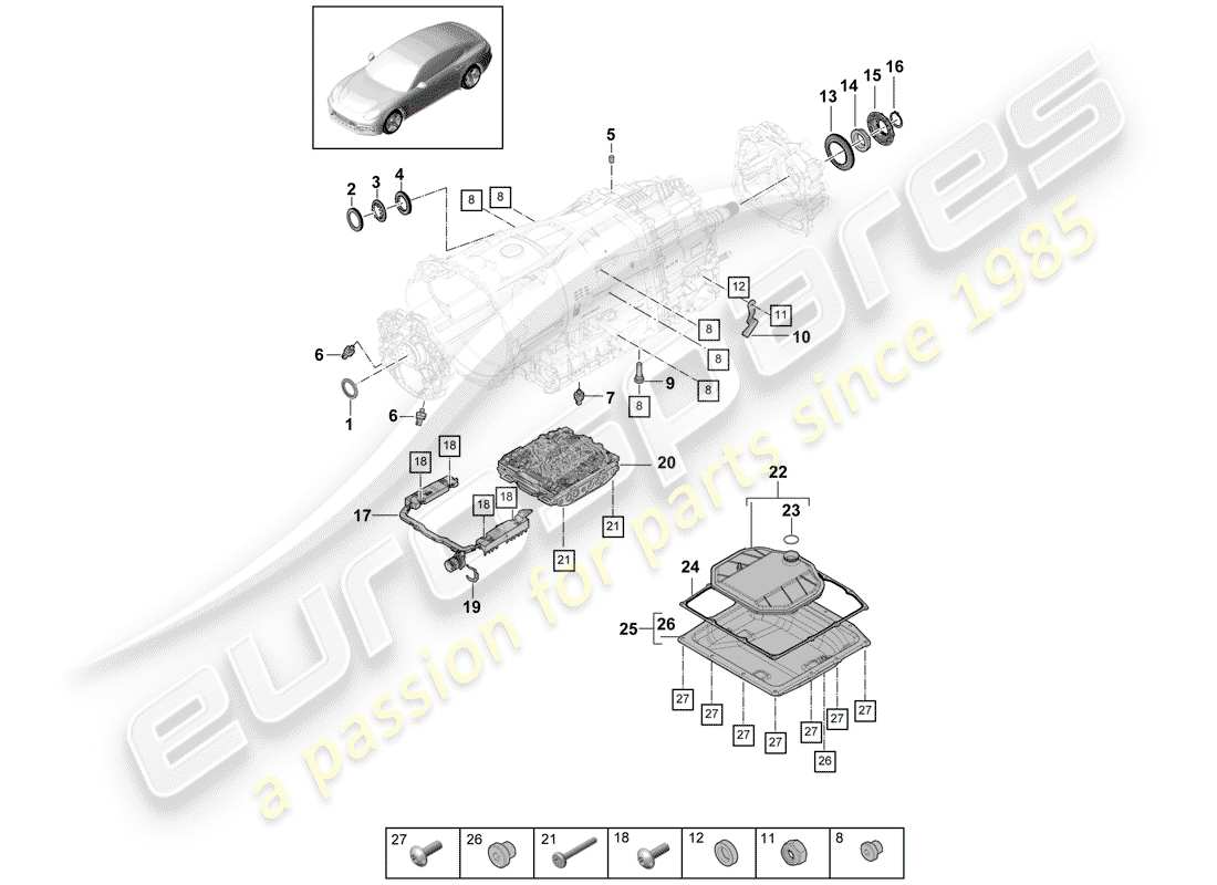 porsche 2020 (panamera 971-1) 8-speed caja de cambios de doble embrague diagrama de piezas