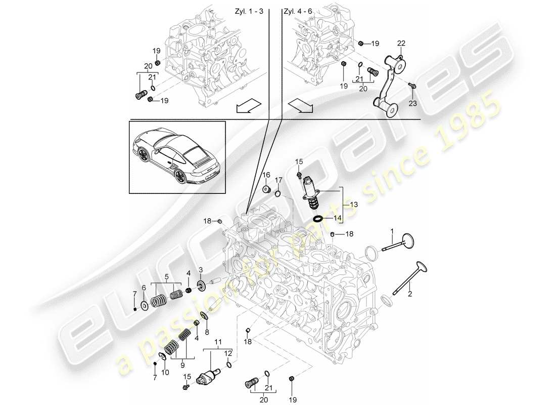 porsche 2012 (997-2 turbo / gt2 rs) cabeza de cilindro diagrama de piezas