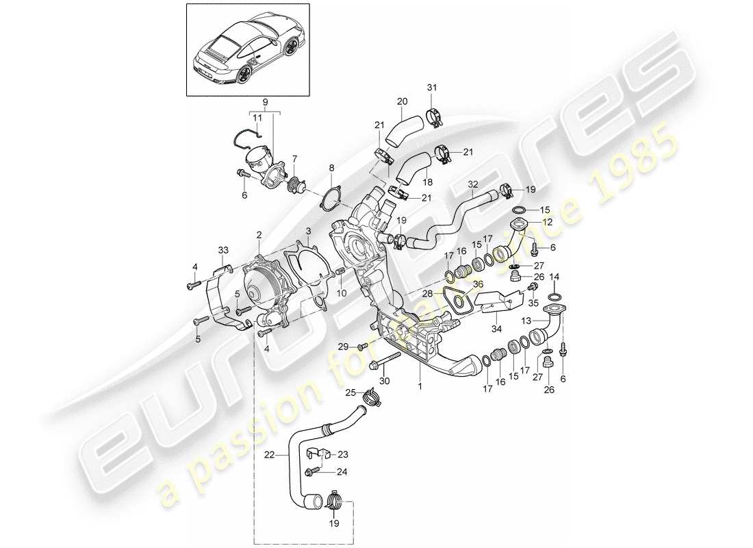 porsche 2013 (997-2 turbo / gt2 rs) diagrama de piezas de la bomba de agua