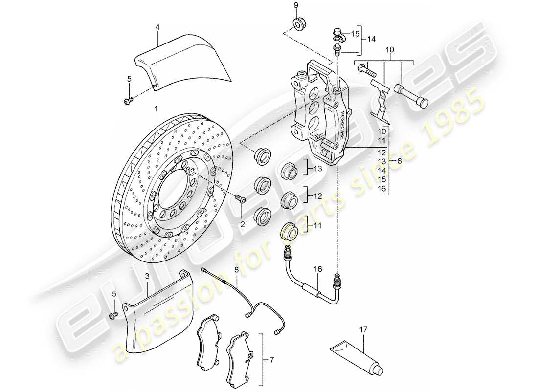 porsche 2004 (carrera gt) frenos de disco - eje delantero diagrama de piezas