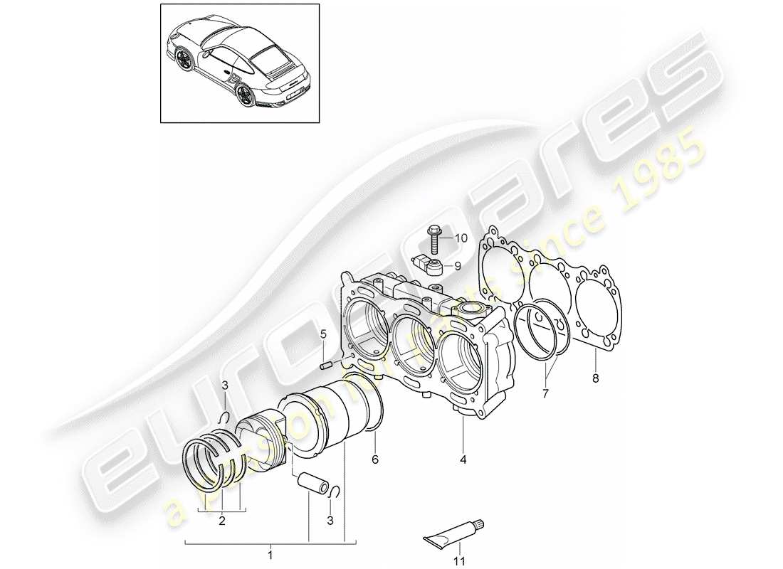 porsche 2013 (997-2 turbo / gt2 rs) cilindro con pistones diagrama de piezas