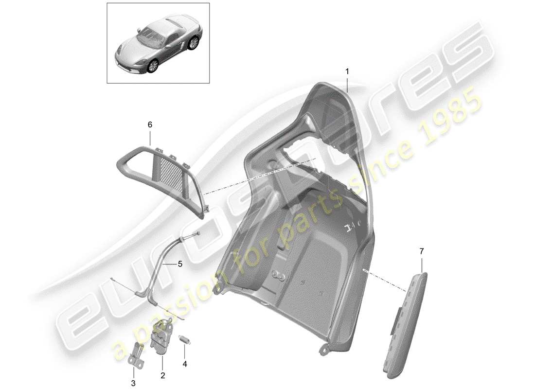 porsche 2020 (718 boxster) diagrama de piezas de la carcasa del respaldo