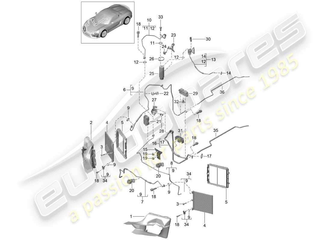porsche 2016 (981 boxster spyder) diagrama de piezas del circuito refrigerante