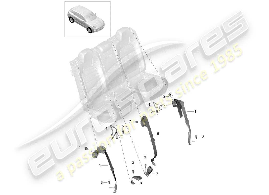 porsche 2015 (macan) cinturón de seguridad de tres puntos diagrama de piezas