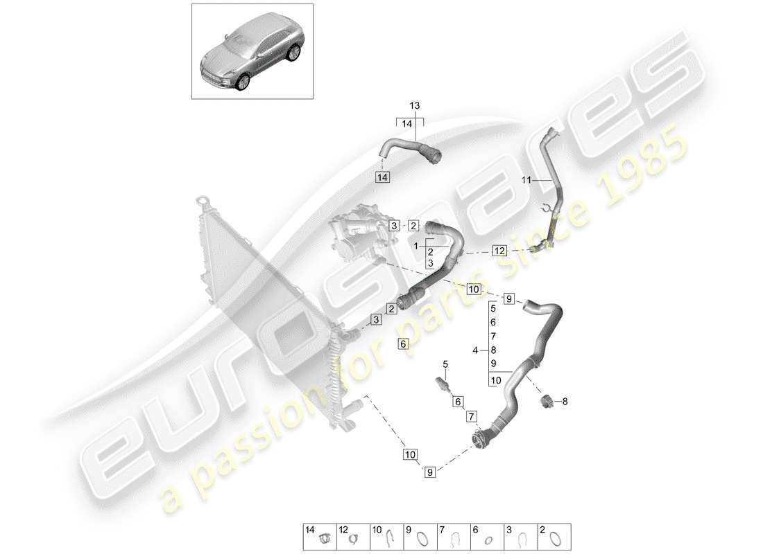 porsche 2019 (macan) diagrama de piezas de refrigeración por agua
