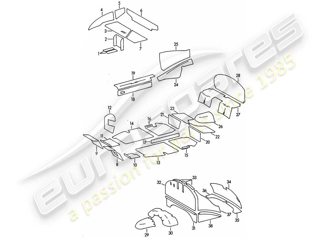 porsche 1964 (356b/356c) carrocería - estera de amortiguación diagrama de piezas