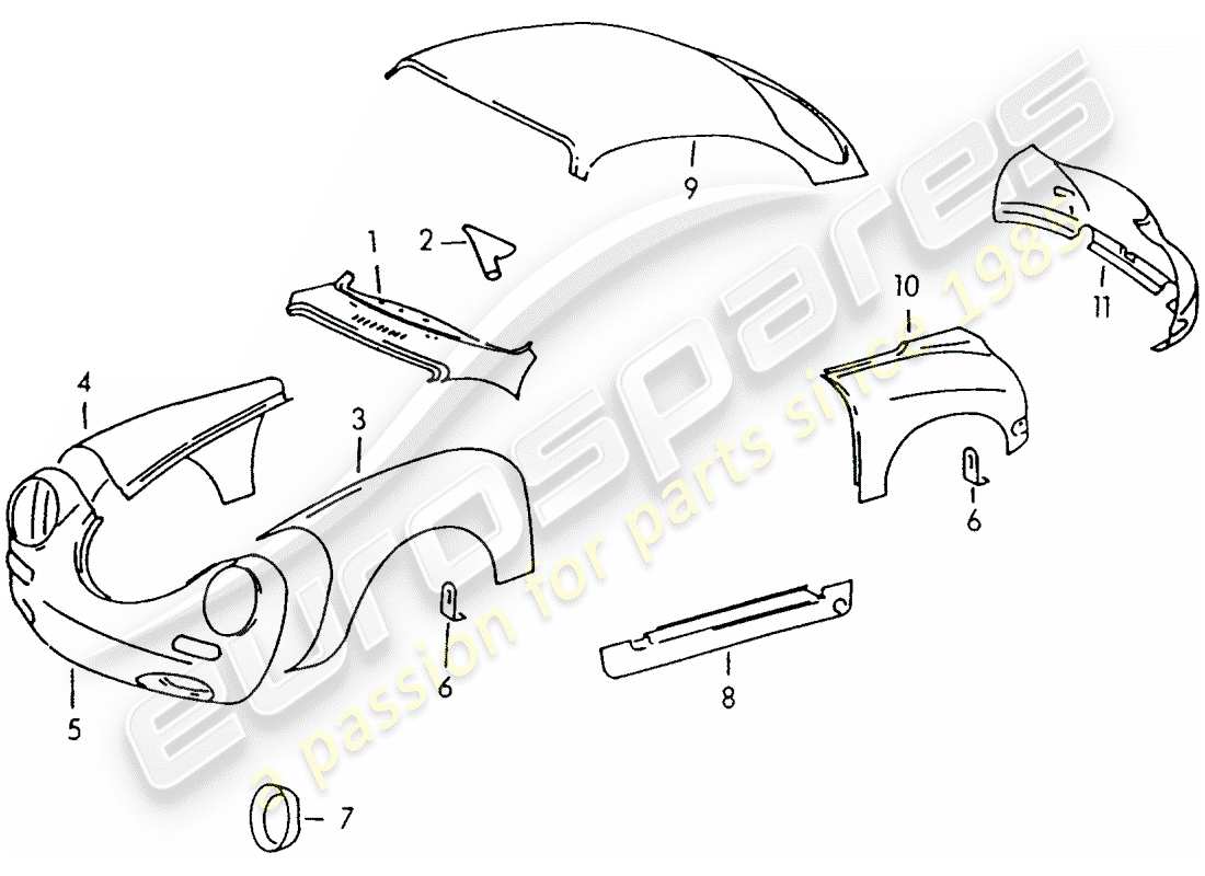 porsche 1953 (356/356a) paneles exteriores diagrama de piezas