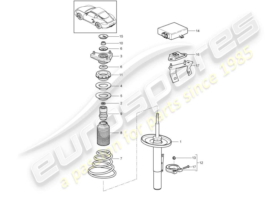 porsche 2009 (987 cayman) suspensión puntal de suspensión, completo diagrama de piezas